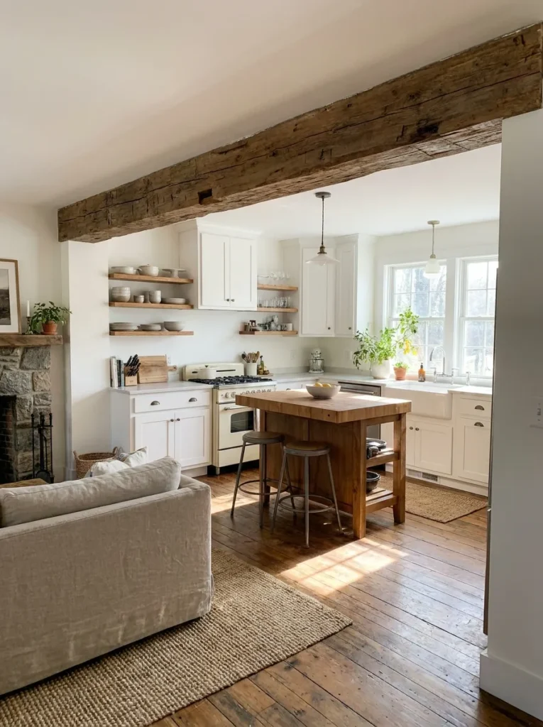 Reclaimed wood ceiling beam defining the border of an open kitchen