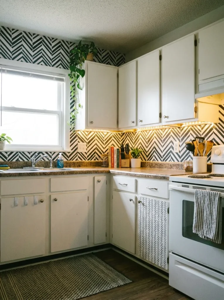 Black and white geometric removable backsplash in a rental kitchen