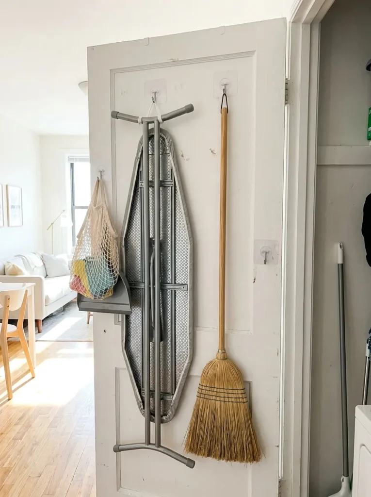 Adhesive hooks holding an ironing board on the back of a laundry door
