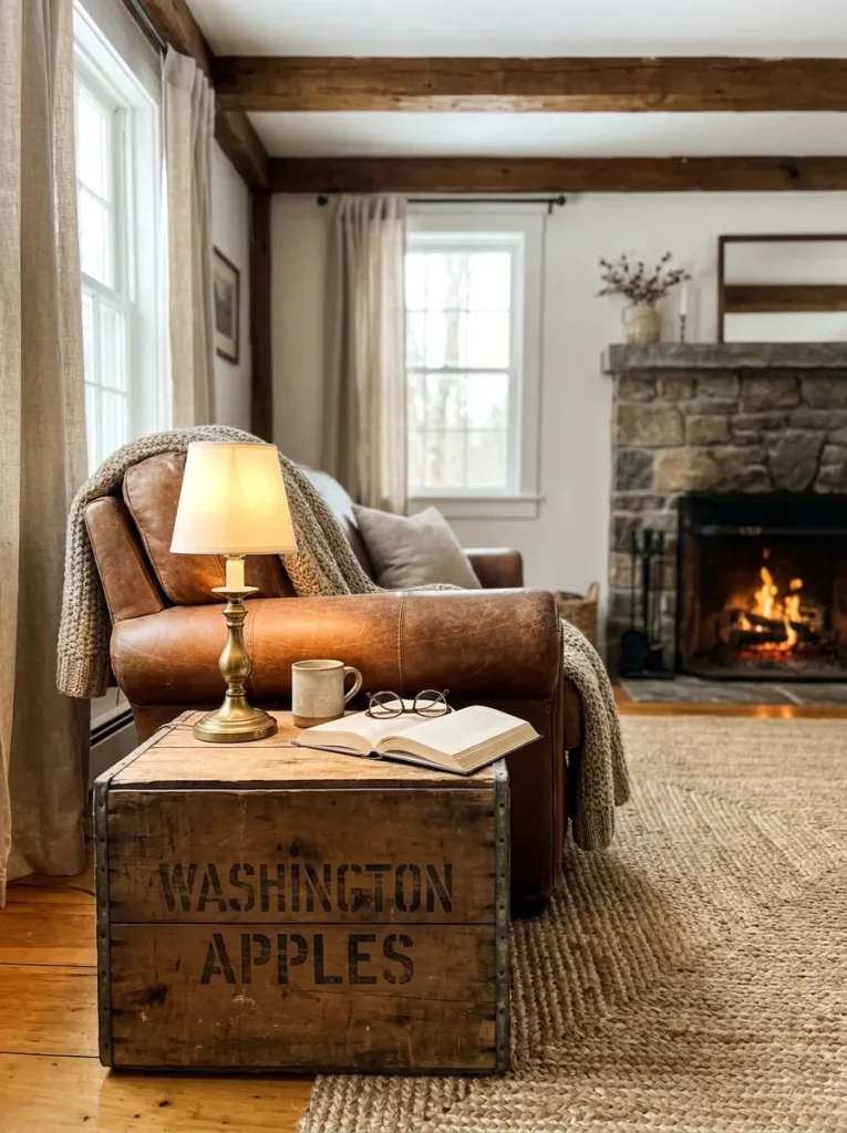 Repurposed wooden crate used as a rustic side table.