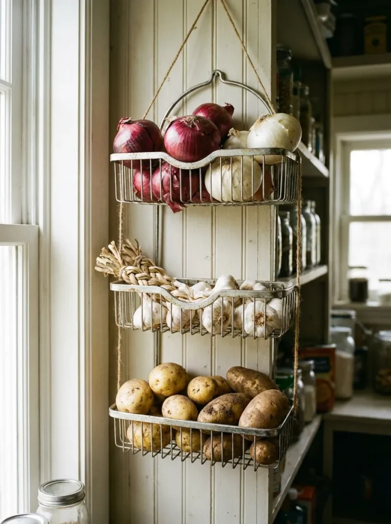 Wire shower caddy hanging on a pantry wall holding onions and garlic