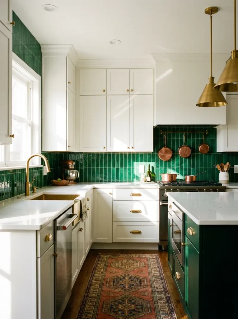 Vibrant emerald green tile backsplash with white cabinets and brass hardware