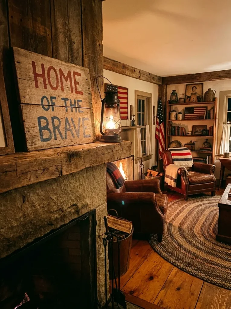 Rustic patriotic sign and antique lantern on a stone fireplace mantel.