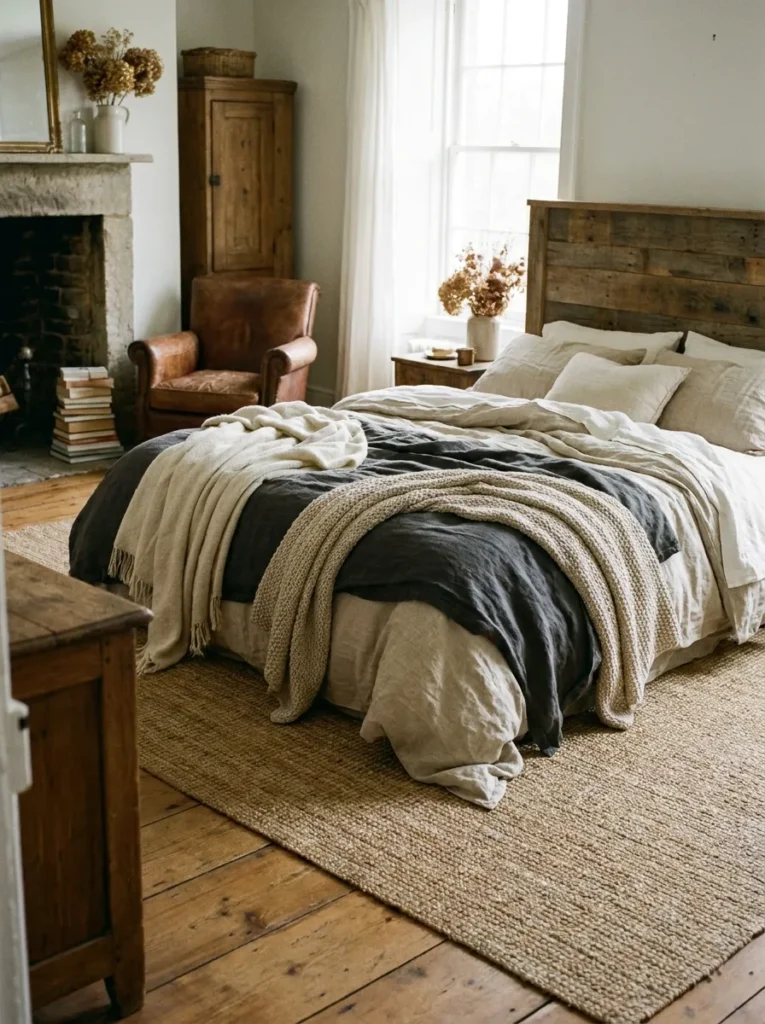Layered bedding in rustic farmhouse bedroom – cozy and inviting