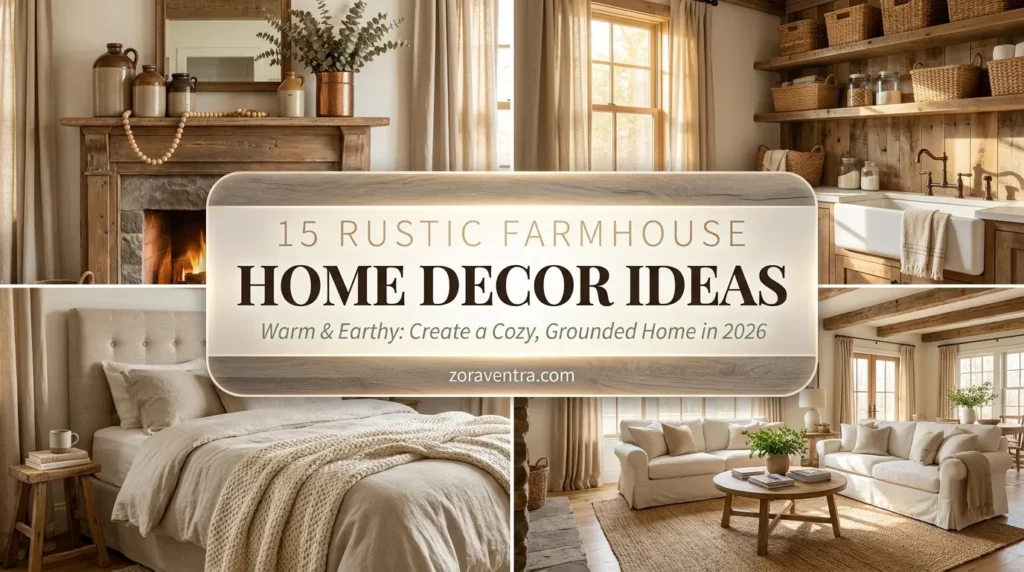 Rustic farmhouse home decor ideas with warm neutrals, weathered wood, linen textures and cozy layered styling for an inviting earthy home