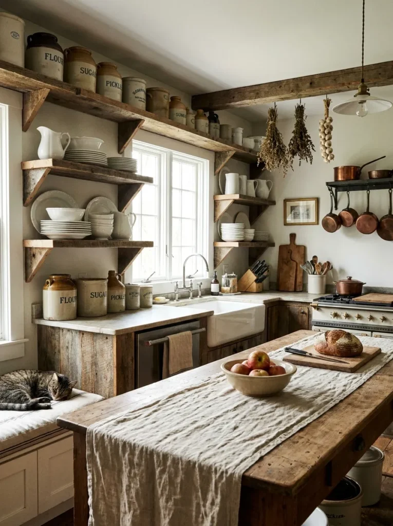 Rustic farmhouse kitchen with open shelving – practical and charming