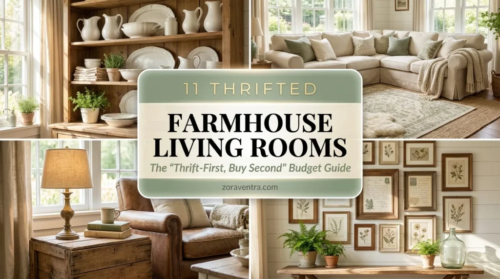High-end thrifted farmhouse living room ideas featuring linen slipcovers, open shelving, and elegant 2x2 collage rustic interiors.