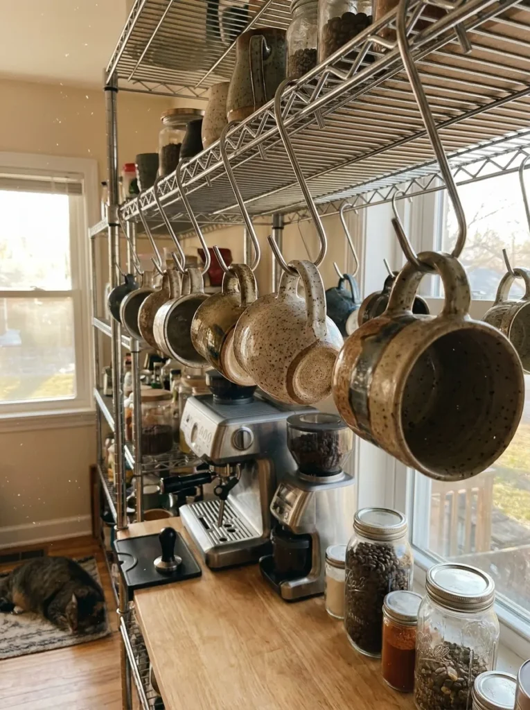 Coffee mugs hanging from S-hooks under a wire pantry shelf