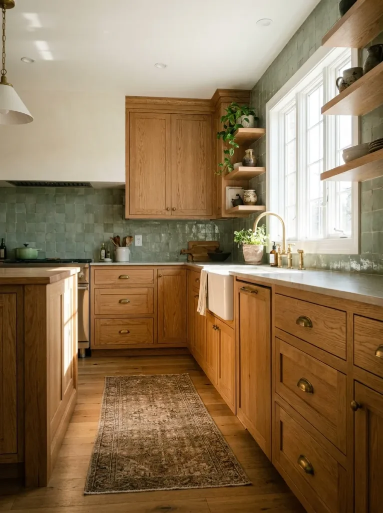 Sage green Zellige tile backsplash neutralizing honey oak cabinets