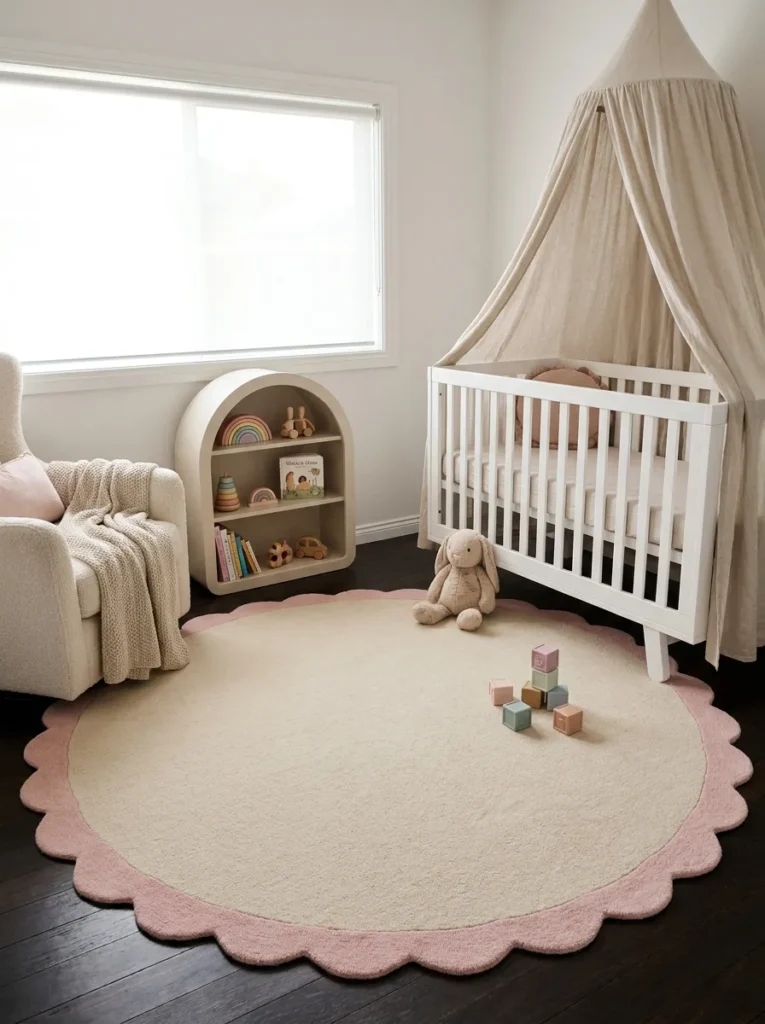 Scalloped pastel pink nursery rug – charming and timeless