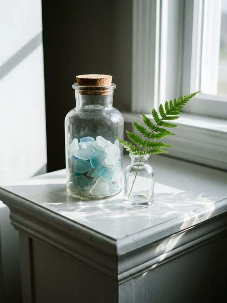 Small glass jar with sea glass and lavender on a summer mantel.