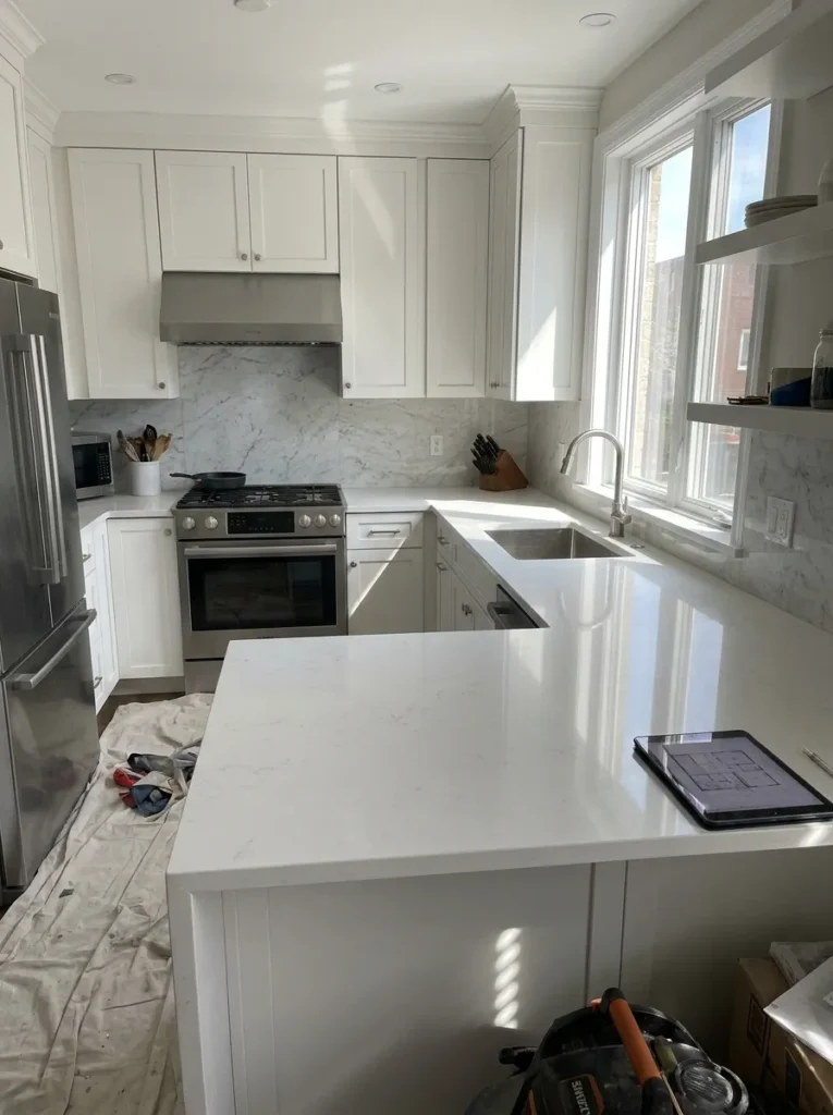 Seamless white quartz countertops flowing around a small kitchen corner