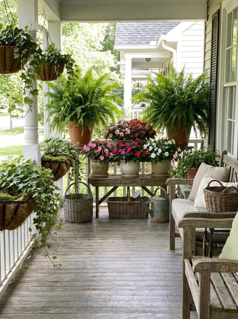 Shade-friendly front porch plants – lush and cooling container garden