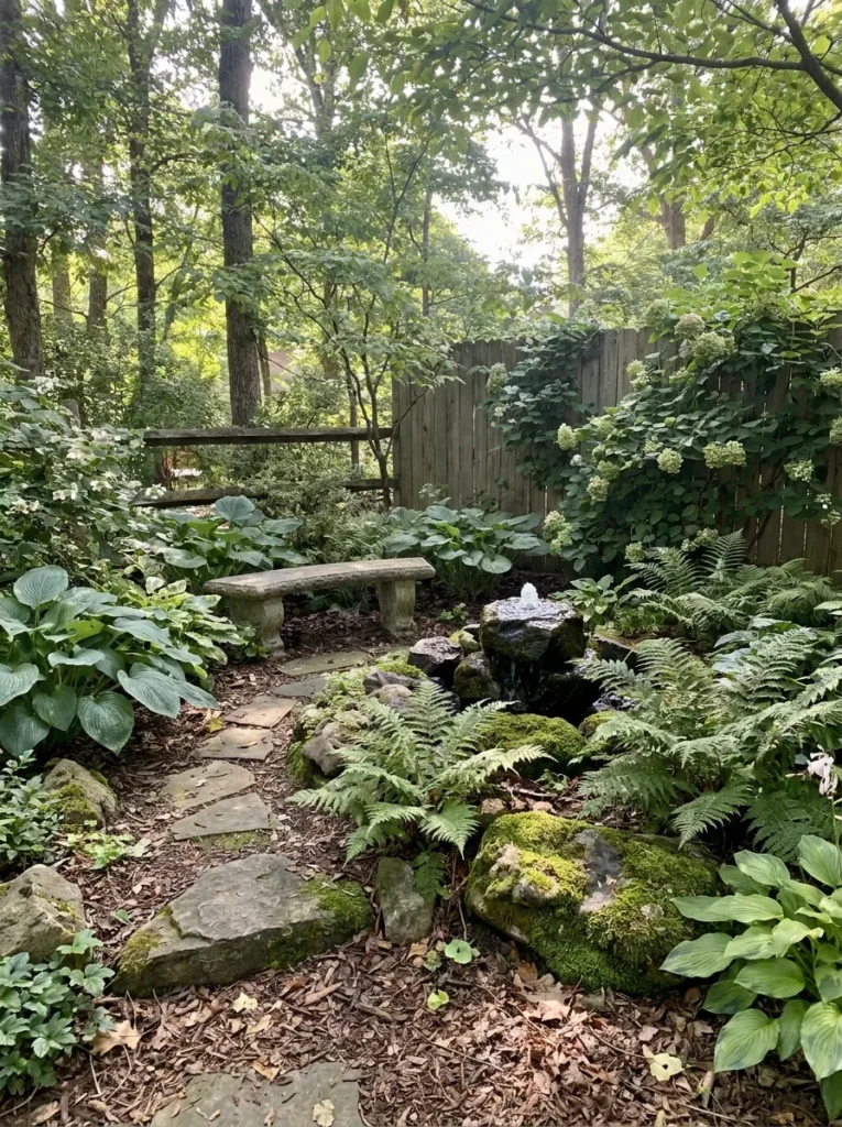 Shady corner garden with focal point – turns problem area into feature