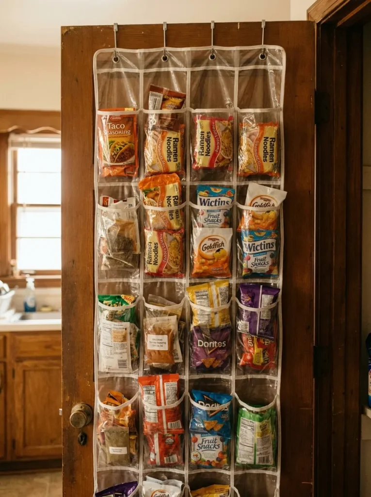 Clear shoe organizer on a pantry door holding snacks and spices
