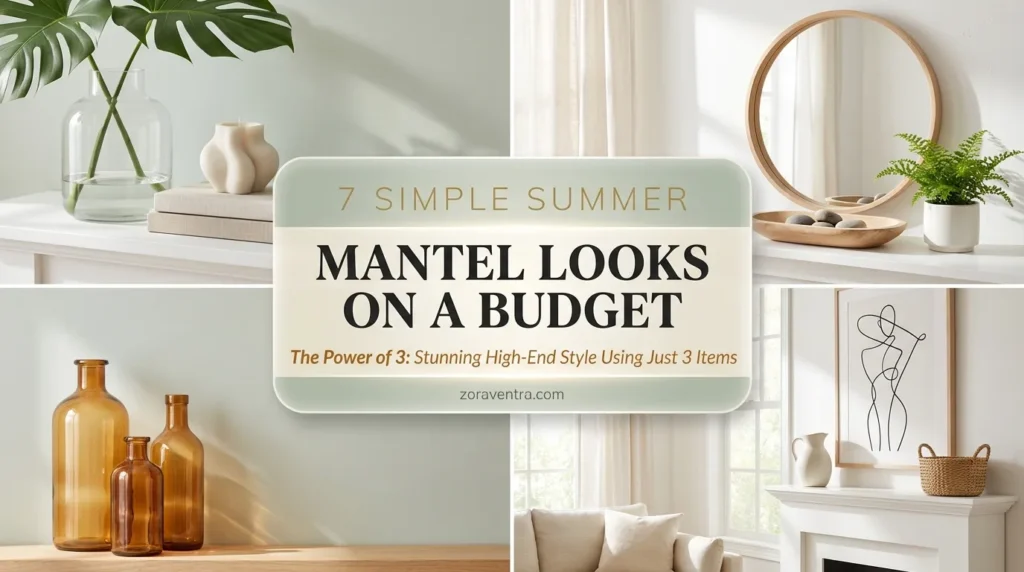 Simple summer mantel decorating ideas on a budget with tall medium low 3-item styling for an easy and beautiful summer look