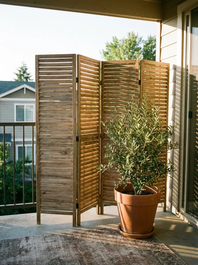 Slatted acacia wood folding screen on a balcony – portable outdoor privacy