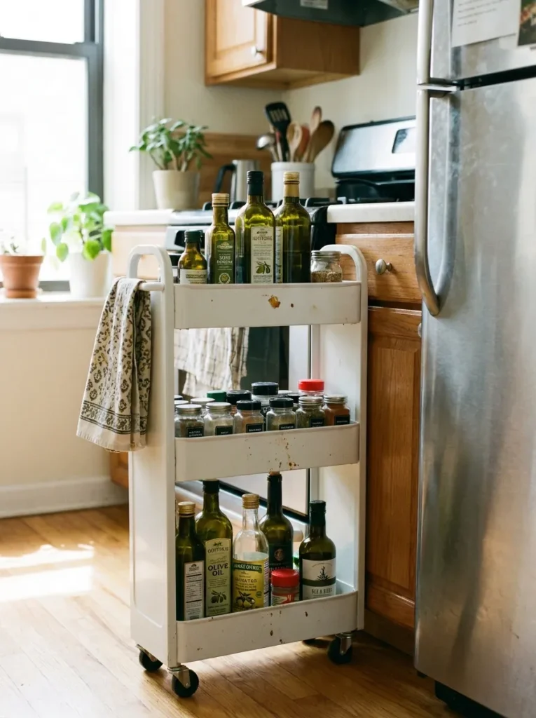 Slim rolling utility cart tucked into a narrow gap in a galley kitchen