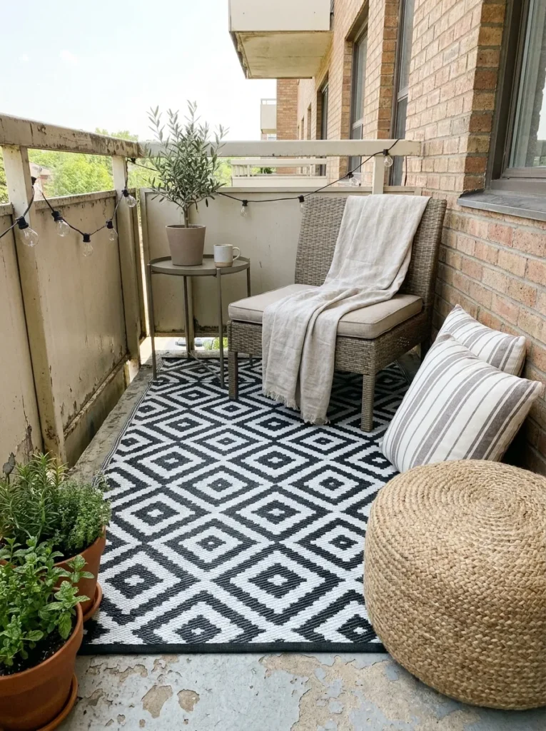 Patterned outdoor rug transforming a concrete apartment balcony into a cozy outdoor space.