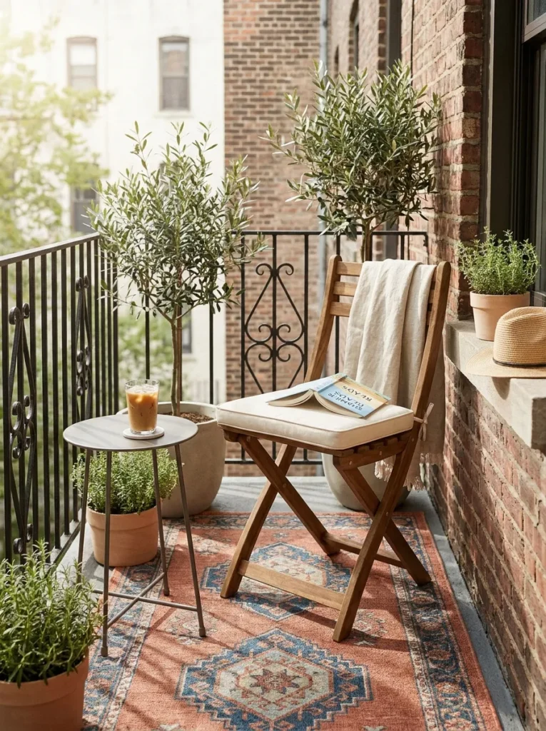 Small apartment balcony with folding bistro chair, outdoor cushion, and cozy summer seating area.