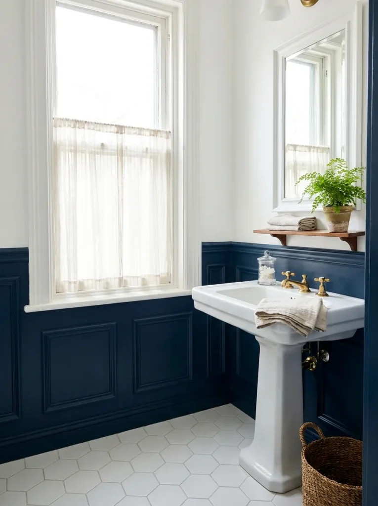 Navy blue board and batten wainscoting in a high end powder room