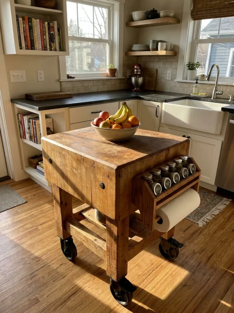 Rolling mobile butcher block cart serving as a small kitchen island