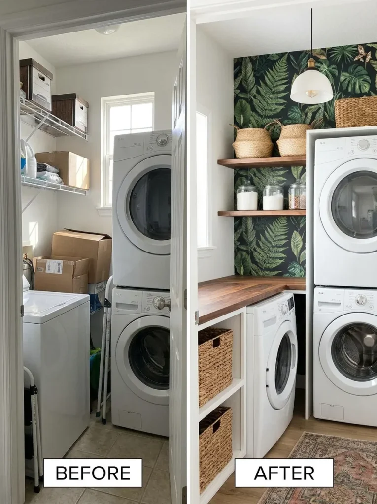 Bold botanical wallpaper in a small laundry closet makeover