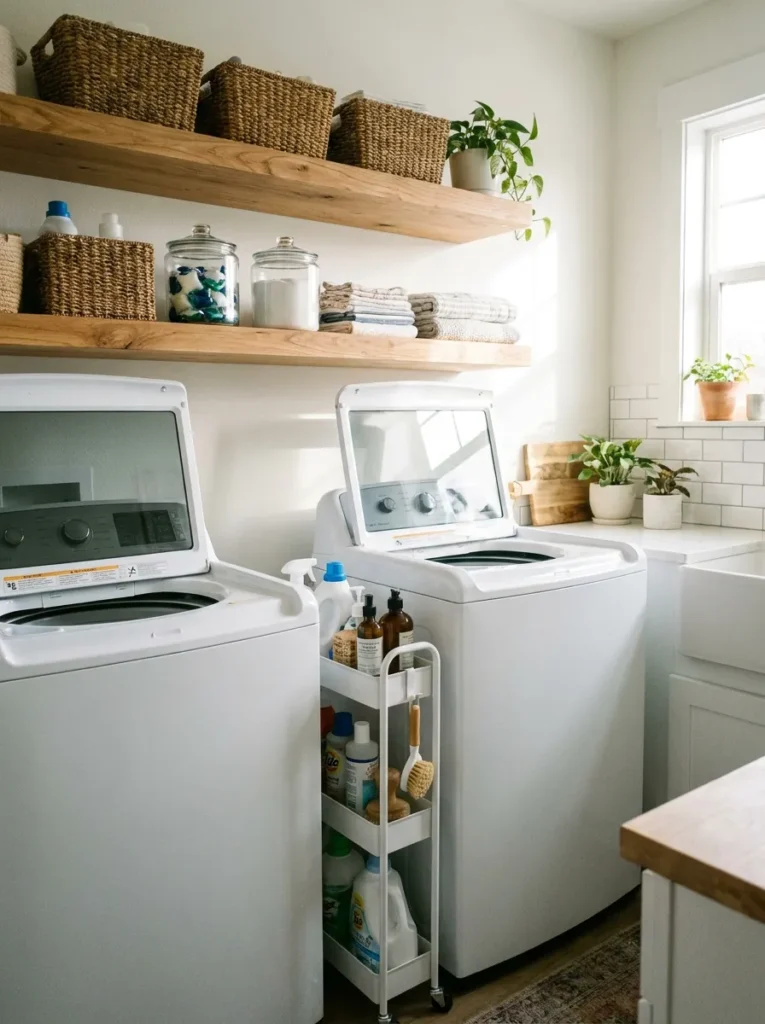 Top loading washer setup with floating shelf and slim rolling cart