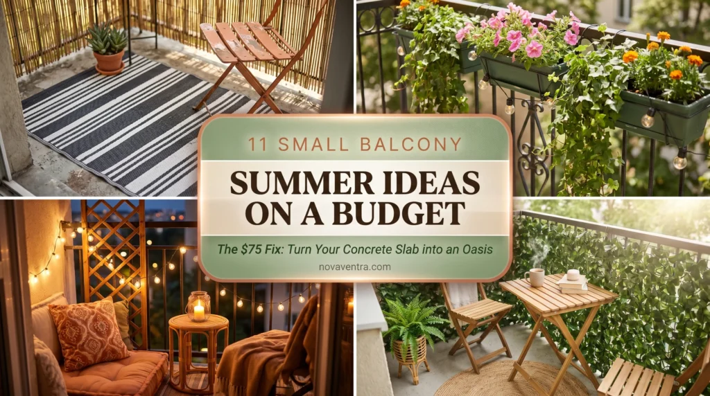 Small summer balcony decor ideas on a budget featuring vertical plant walls, solar string lights, and small-scale seating for apartment renters.