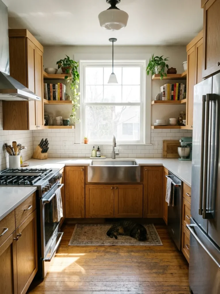 Efficient appliance layout and workflow for a small U-shaped kitchen