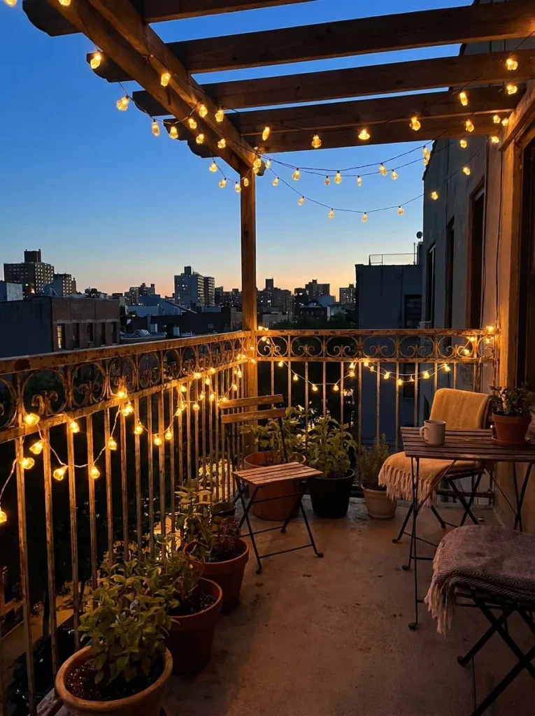 Solar fairy lights draped on a balcony railing – cheap outdoor lighting for renters