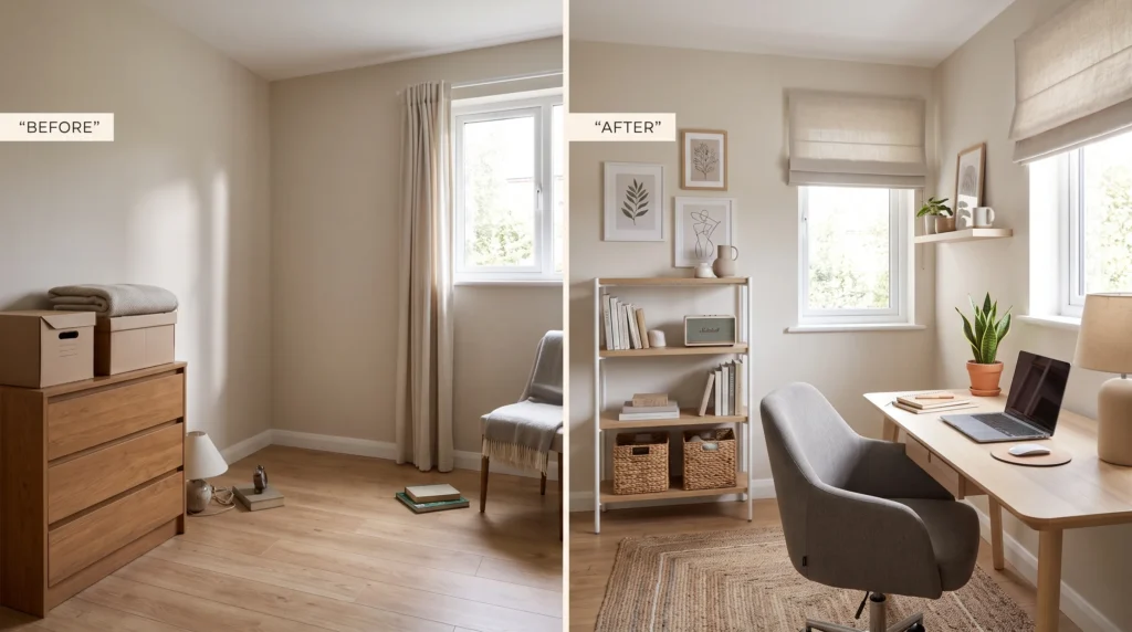 Before and after of a spare bedroom transformed into a budget home office