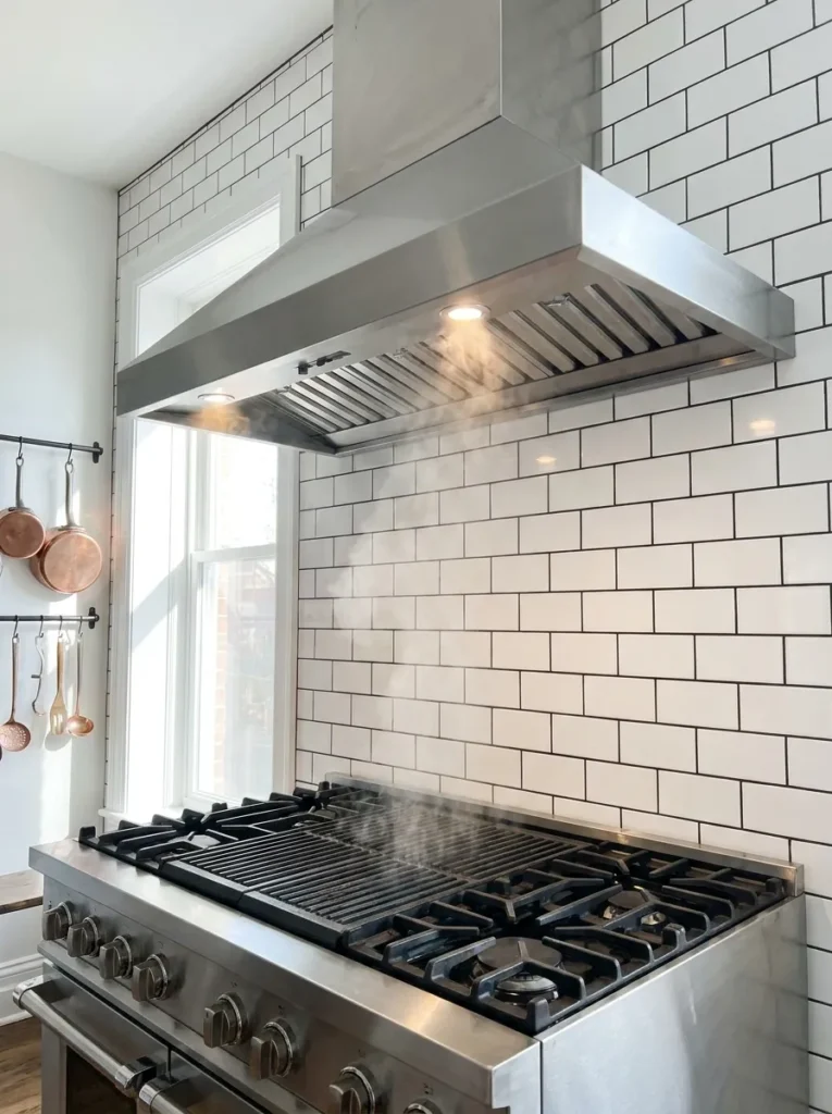 Stainless steel ducted range hood to prevent smells in an open plan home