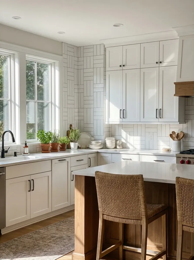 Straight 90 degree step ladder herringbone subway tile layout