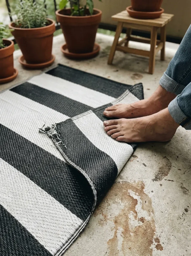 Black and white striped outdoor rug covering concrete floor – cheap balcony flooring idea