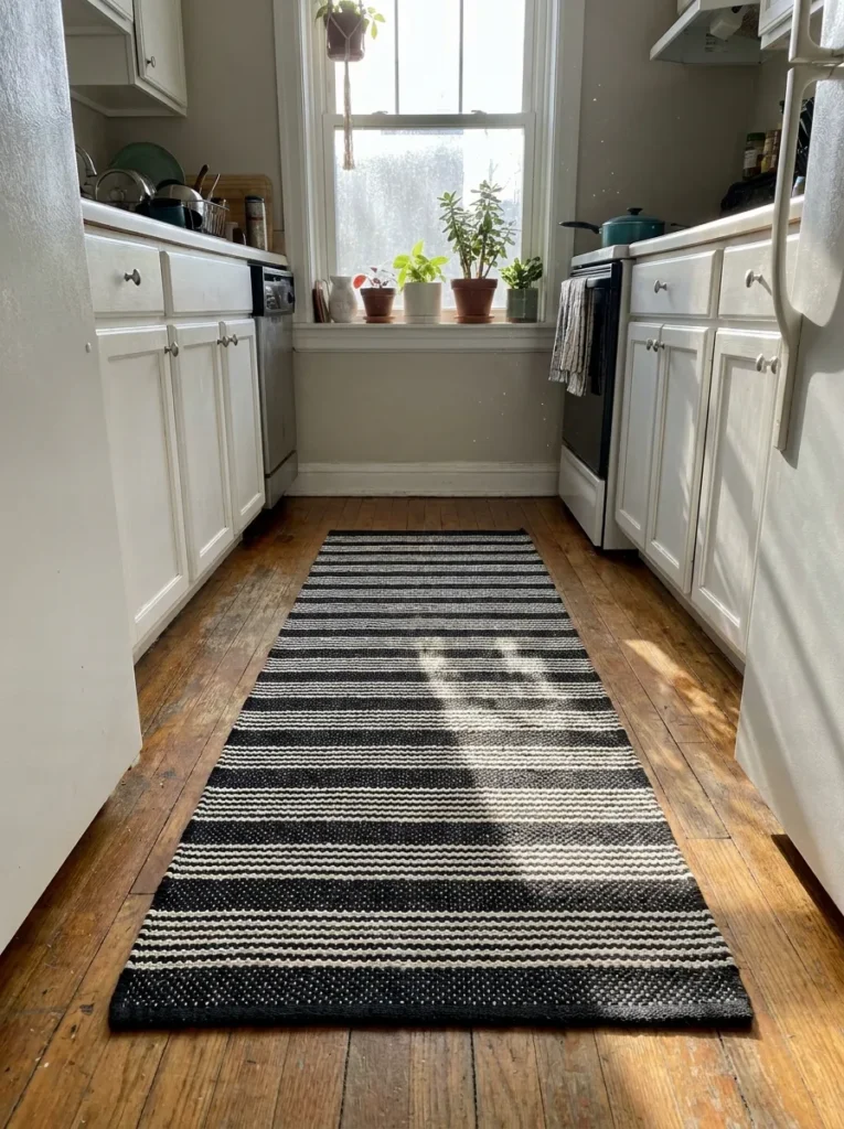 Long striped runner rug down the center of a narrow galley kitchen aisle
