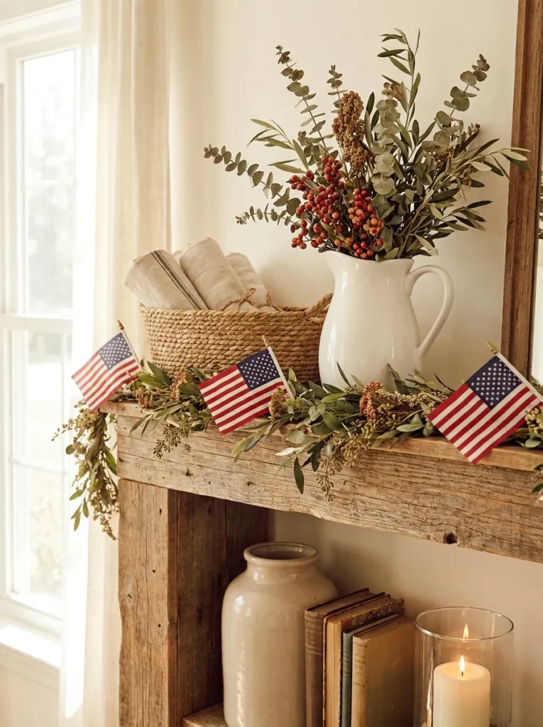 Subtle patriotic accents on summer mantel – festive yet elegant