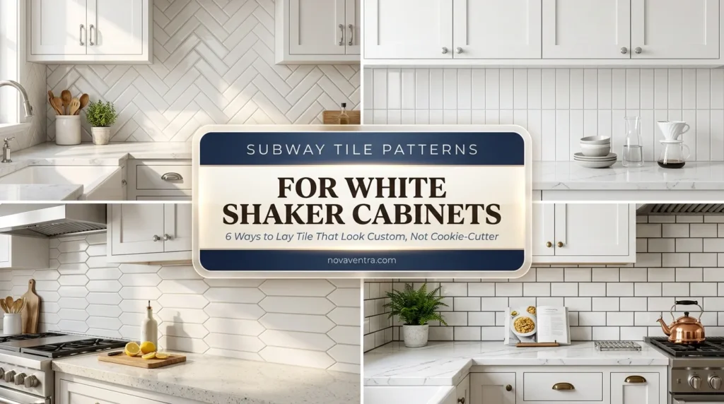 Subway tile backsplash patterns for white shaker cabinets featuring herringbone, vertical stacks, and offset tile layouts for a custom kitchen.