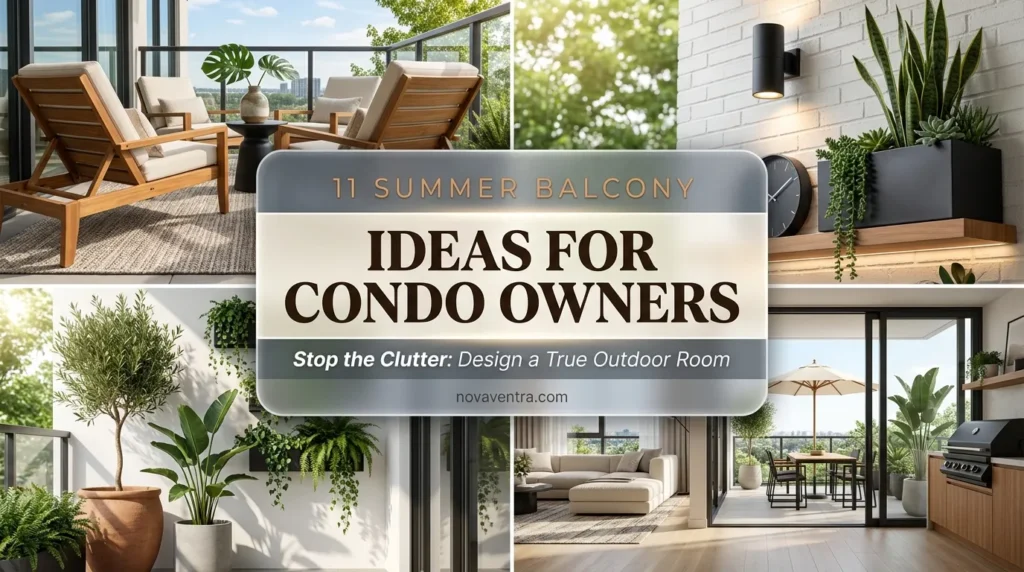 Summer balcony decor ideas for condo owners featuring outdoor rugs, cohesive modern furniture, mounted lighting, and styled plant trios for an elevated look.