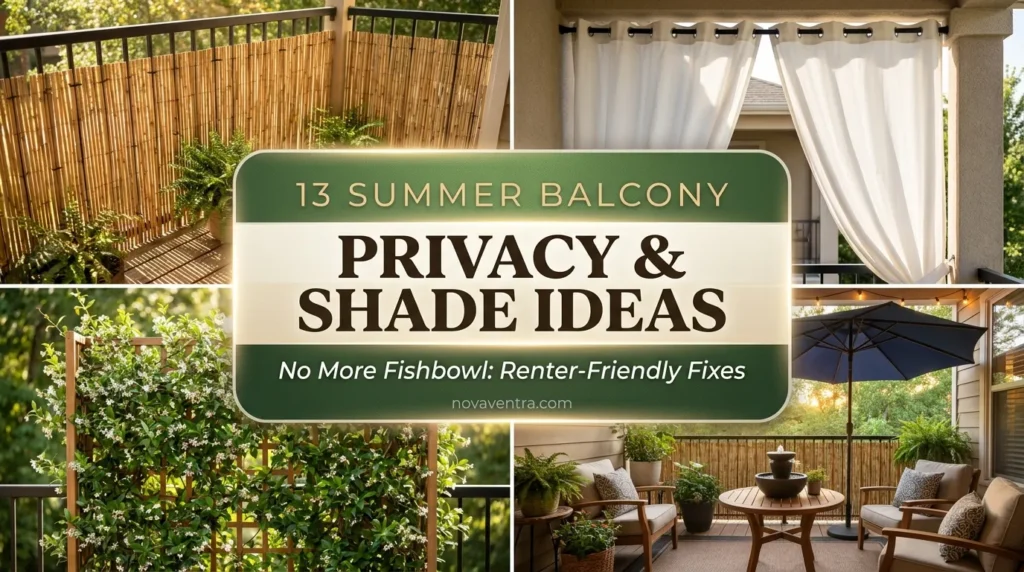 Summer balcony decor ideas for privacy and shade featuring bamboo screens, tension rod curtains, and living plant walls for apartment renters.