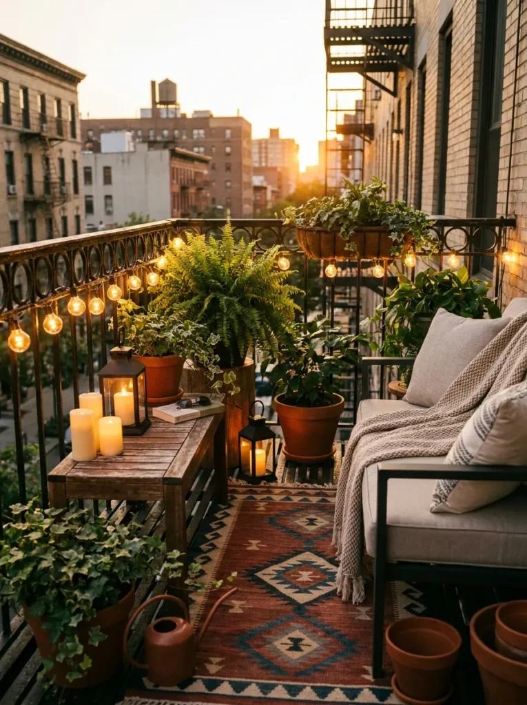 Small apartment balcony illuminated with warm solar string lights during sunset.