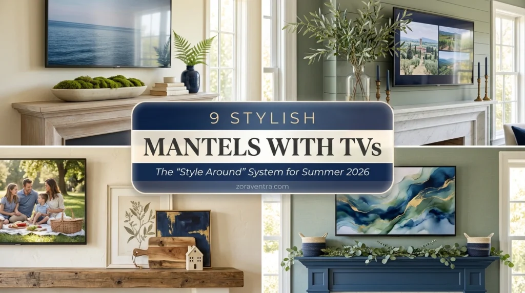 High-end summer mantel decorating ideas featuring TVs with low-profile greenery and asymmetric layering in a 2x2 collage.