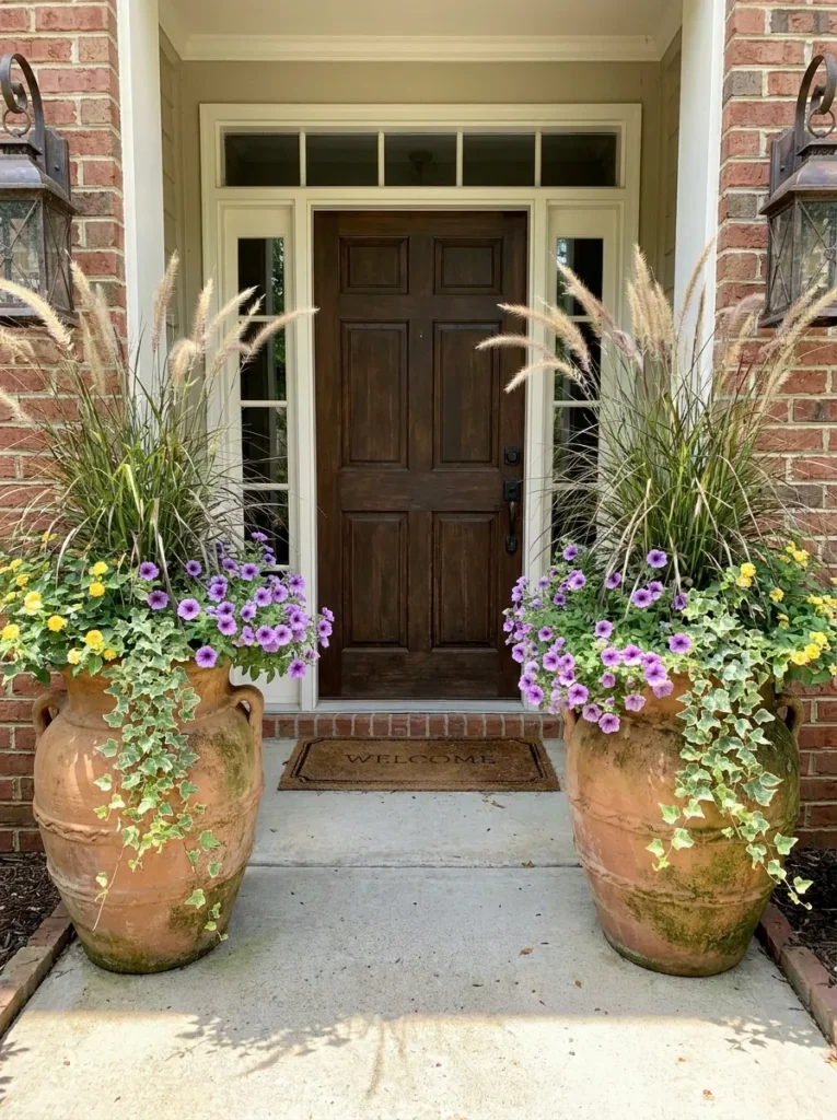 Symmetrical porch planters for front door – welcoming container garden