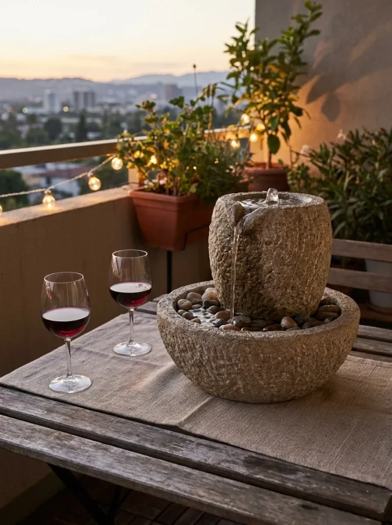 Small tabletop stone water fountain – acoustic privacy for apartment balconies