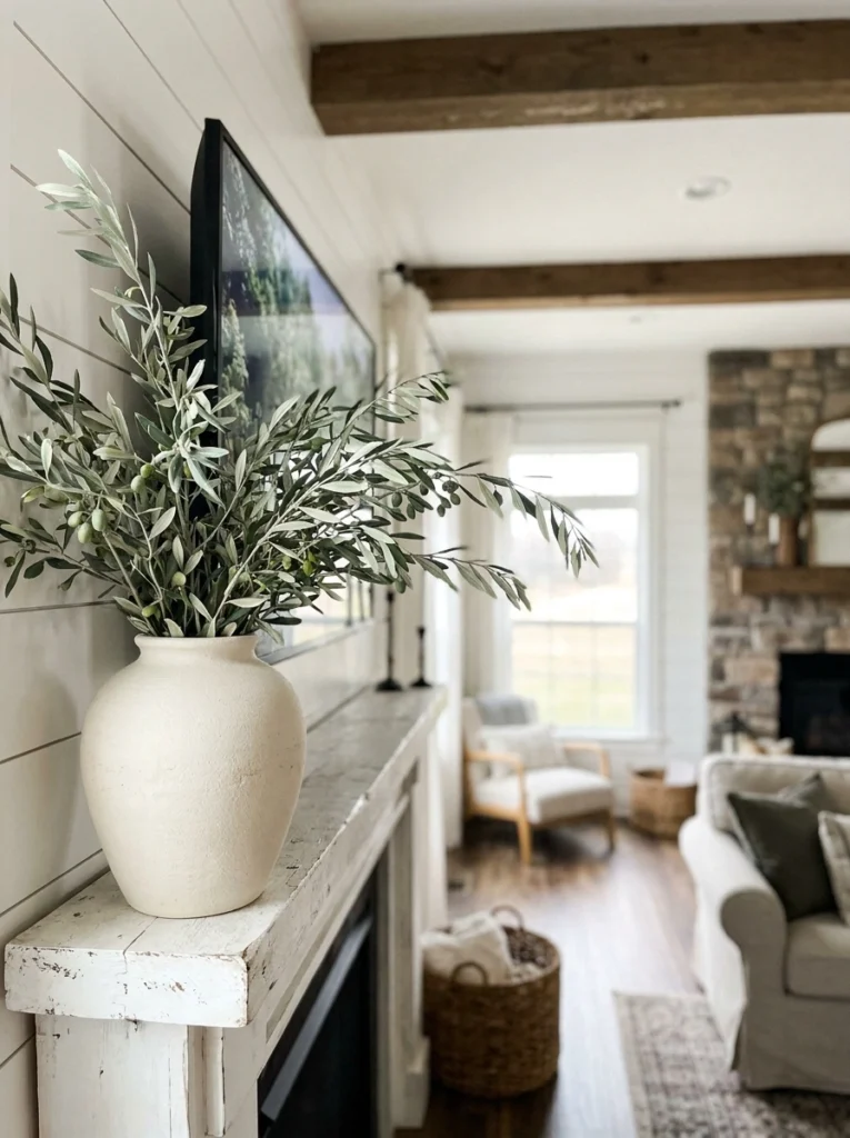 Tall olive branches in a cream vase on the left side of a mantel.