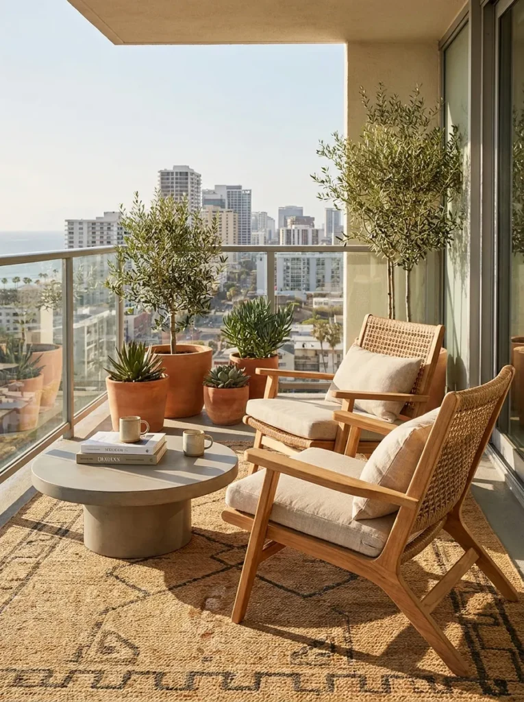 Two teak lounge chairs facing each other – professional balcony furniture arrangement