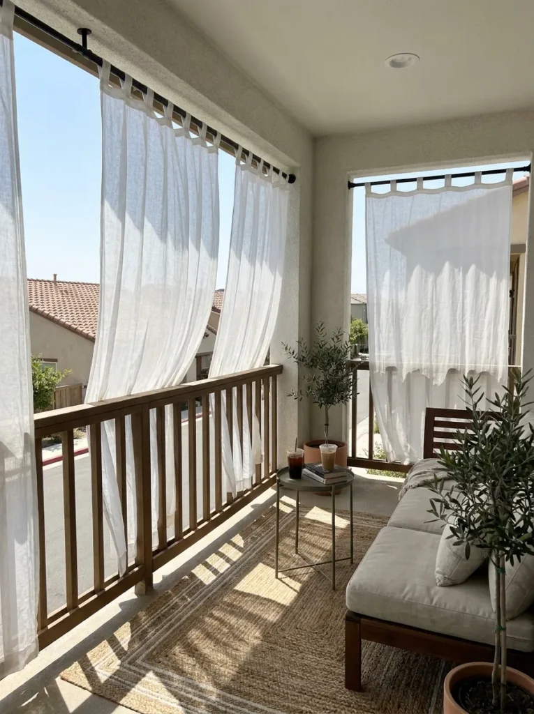 White outdoor curtains hung on a tension rod – blocking afternoon balcony sun