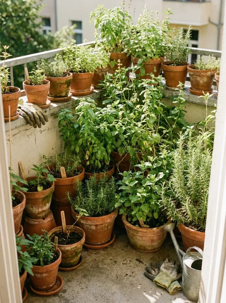 Terracotta pots with basil and mint on a balcony – dual-purpose herb garden decor