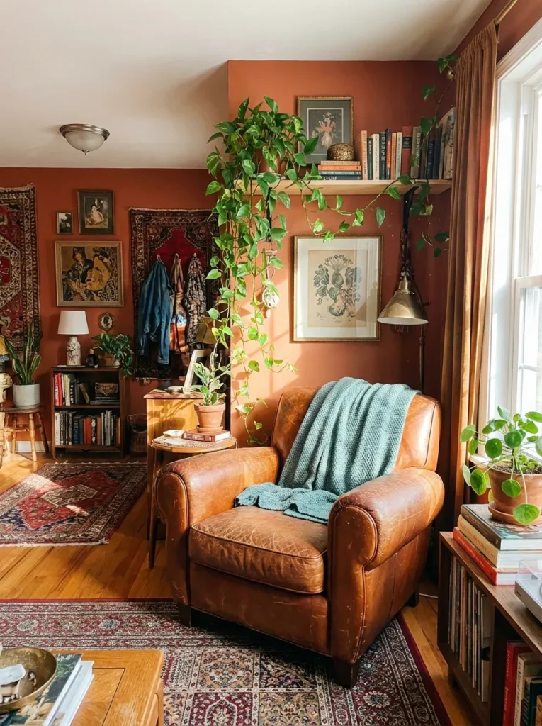 Terracotta walls with cognac leather chair – warm colorful maximalist living room