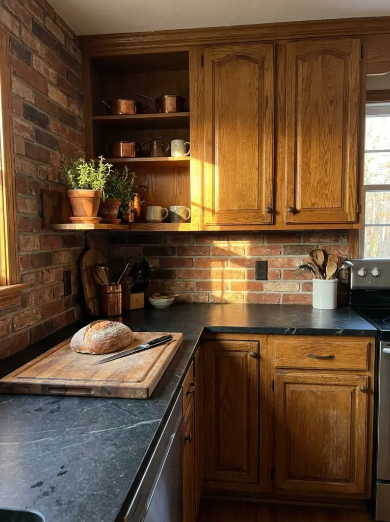 Thin brick veneer backsplash creating a farmhouse look with oak cabinets